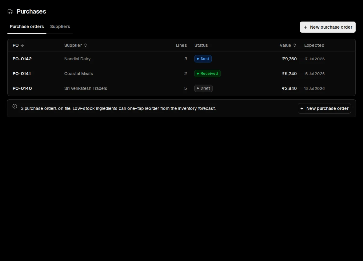 Purchase orders on a sample outlet, each with its supplier, status and value