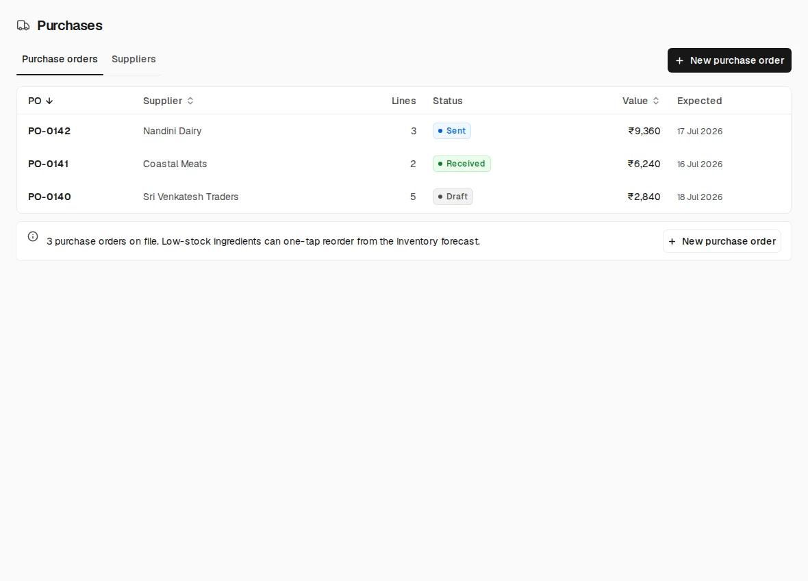Purchase orders on a sample outlet, each with its supplier, status and value