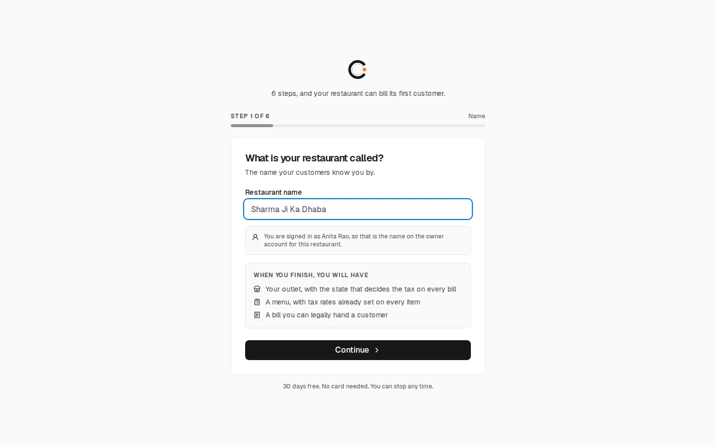 Step 1 of 6 of the setup on a sample outlet: What is your restaurant called?